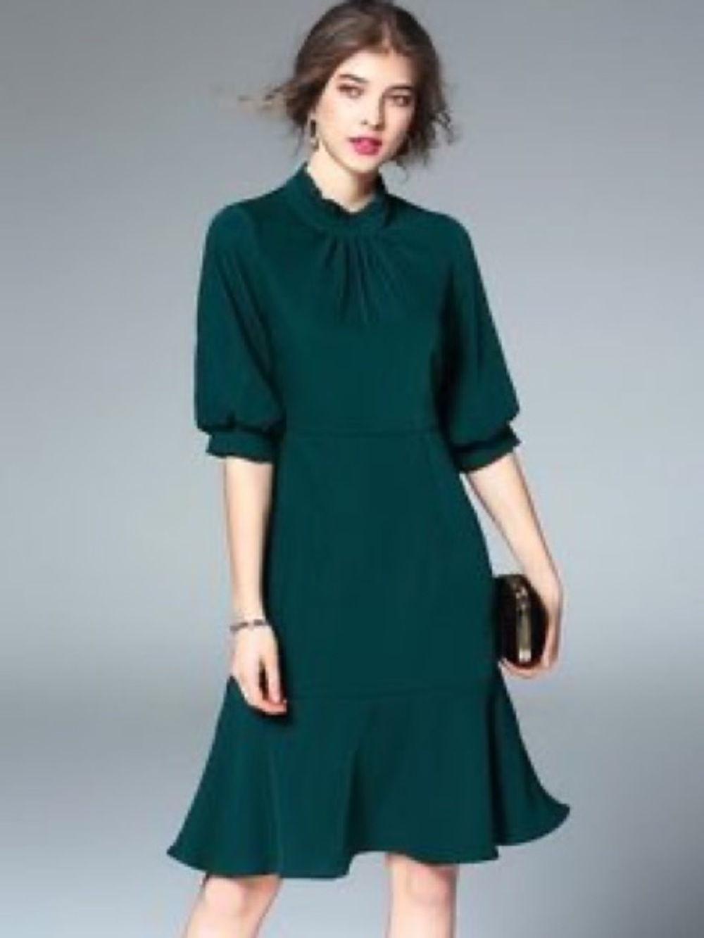 Metisu Chic Deep Green Midi Dress with Puff Sleeves